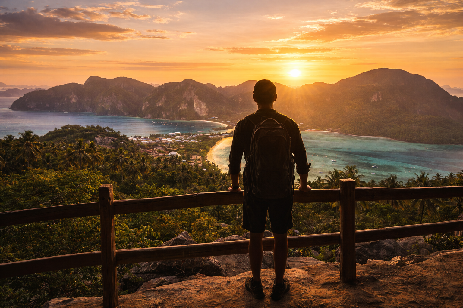Viewpoint hike silhouette overlooking islands